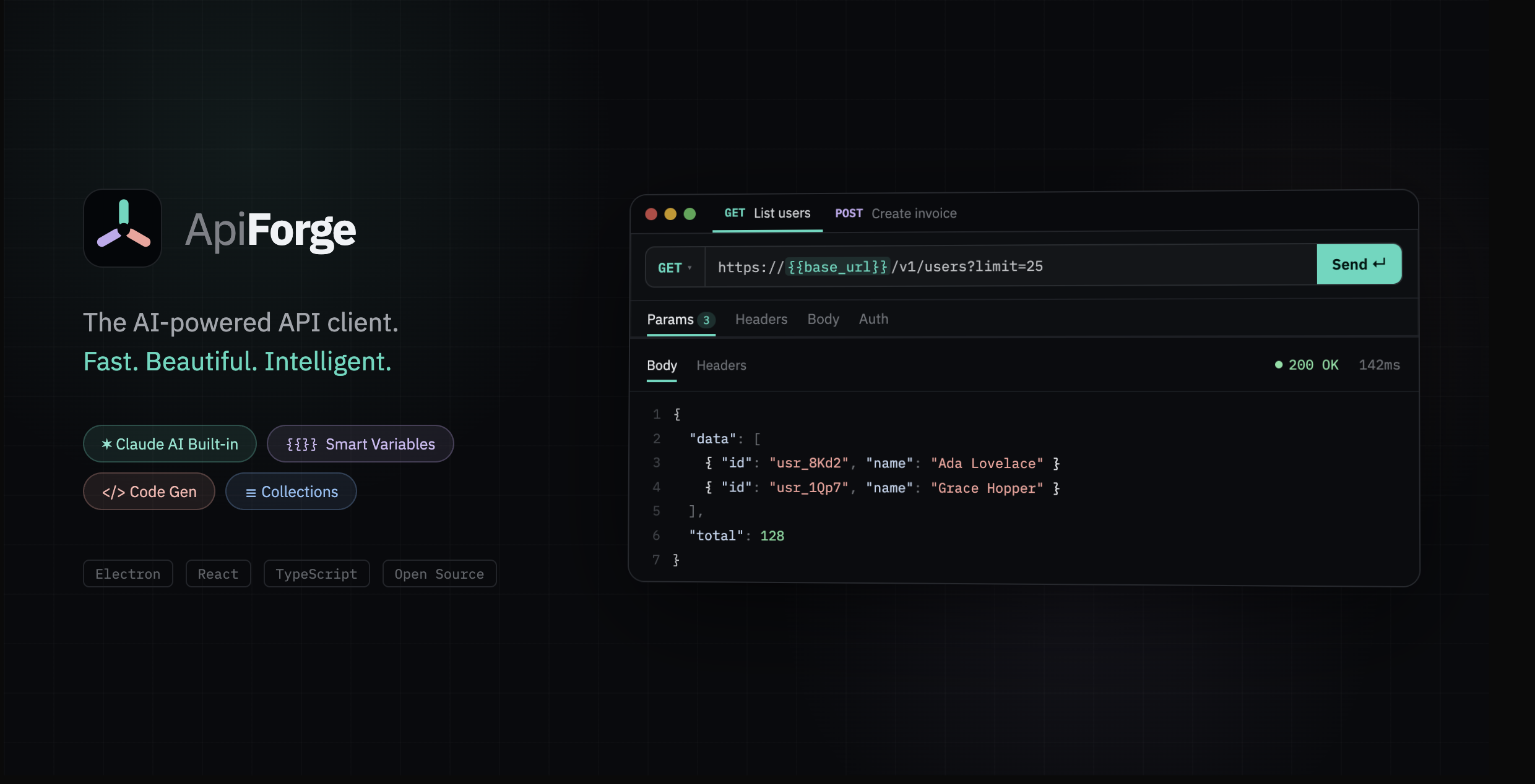 ApiForge — AI-powered API client showing a GET request and JSON response