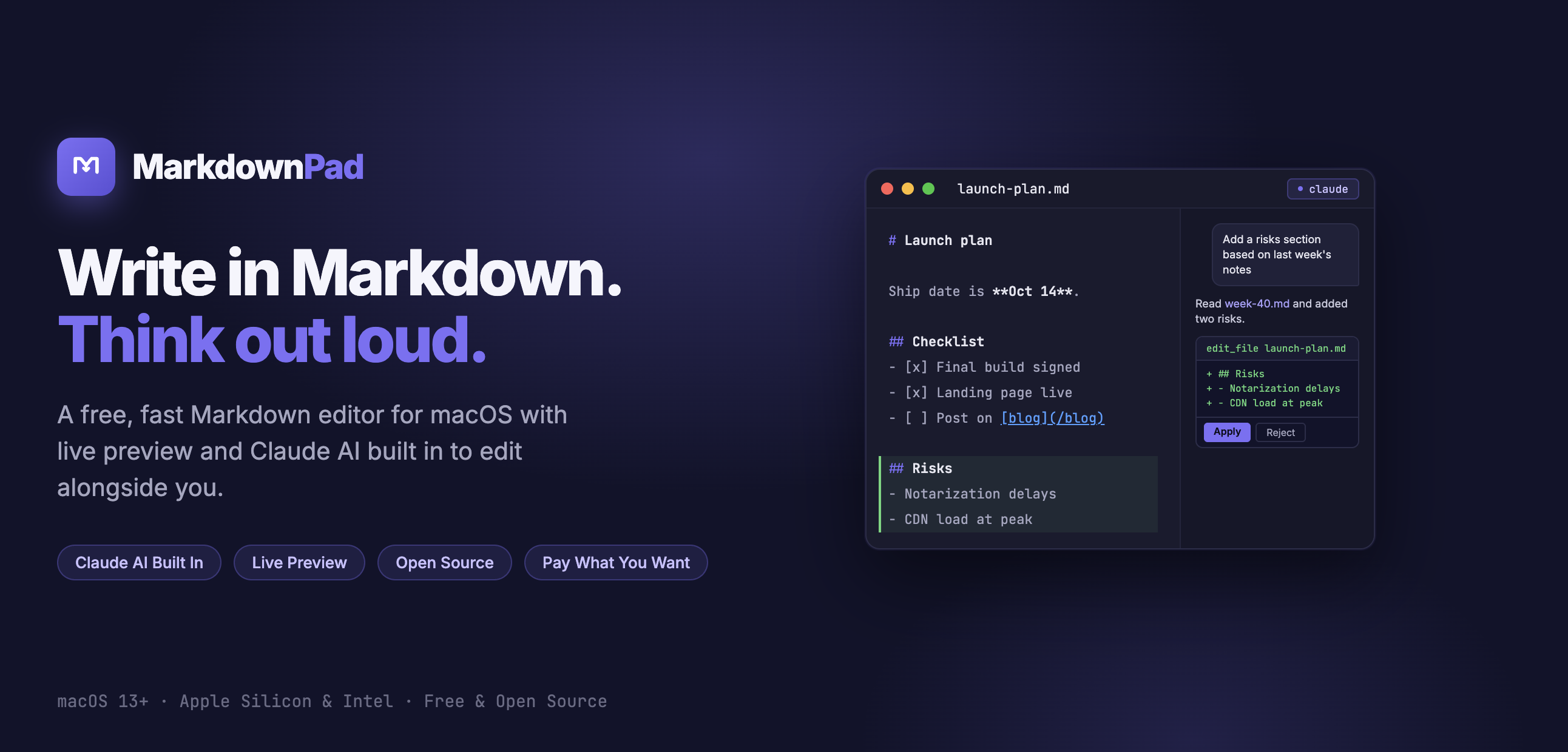 MarkdownPad — open-source Markdown editor with Claude AI side panel for macOS and web